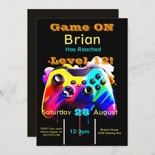 Gamer, Next Level, Player One, 12. Video Game Einladung (Vorne/Hinten)