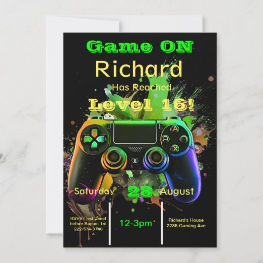 Gamer, Next Level, Player One, 16. Video Game Einladung (Vorderseite)
