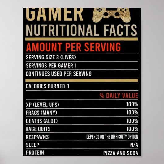 Gamer Nutritional Facts Cool Gamer Video Game Fun Poster (Vorne)
