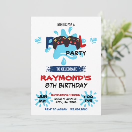 Gamer Pool Party Geburtstag Einladung (Stehend Vorderseite)