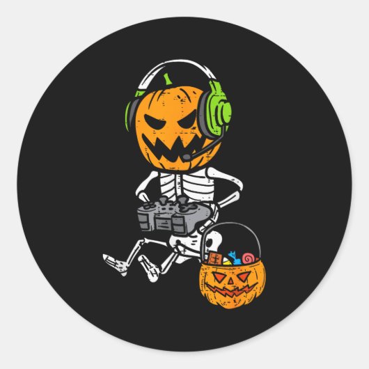 Gamer Pumpkin Skeleton Funny Halloween Gaming Boys Runder Aufkleber (Vorderseite)
