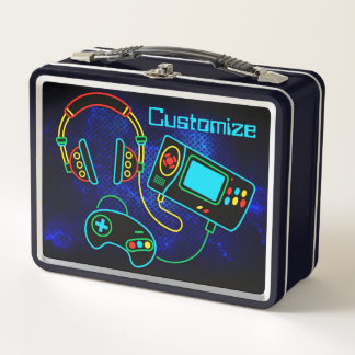 Gamer Retro Neon Blue Metall Brotdose