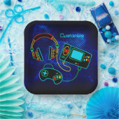 Gamer Retro Neon Blue Pappteller (Party)