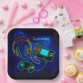 Gamer Retro Neon Blue Pappteller (Party)