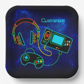 Gamer Retro Neon Blue Pappteller (Vorderseite)