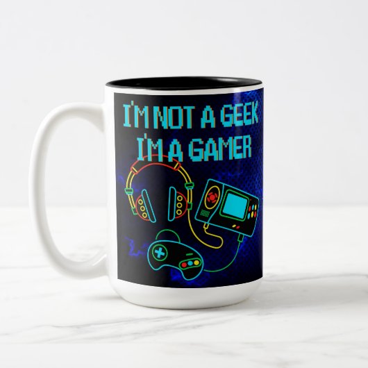 Gamer Retro Neon Blue Zweifarbige Tasse (Links)