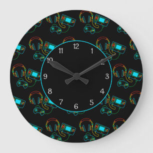 Gamer Retro Neon Pattern Black Große Wanduhr