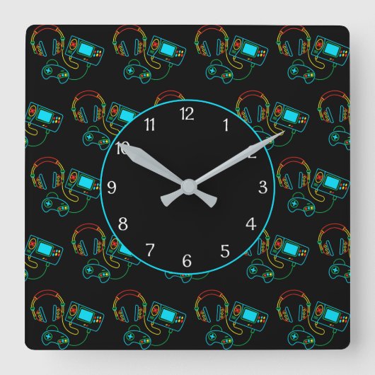 Gamer Retro Neon Pattern Black Quadratische Wanduhr (Vorderseite)
