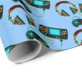 Gamer Retro Neon Pattern Blue Geschenkpapier (Rolleneckpunkt)