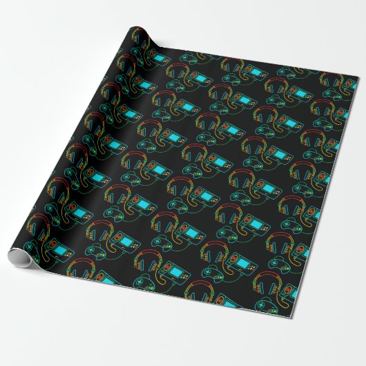 Gamer Retro Neon Pattern Geschenkpapier (Ungerollt)