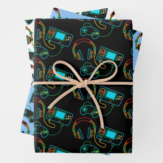 Gamer Retro Neon Pattern Geschenkpapier Set (Beispiel)