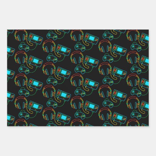 Gamer Retro Neon Pattern Geschenkpapier Set (Vorderseite)