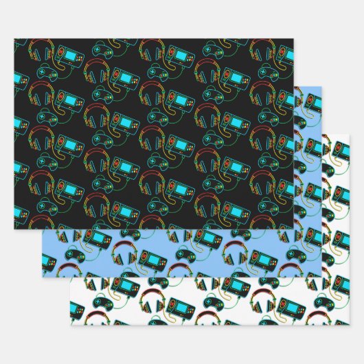 Gamer Retro Neon Pattern Geschenkpapier Set (Set)