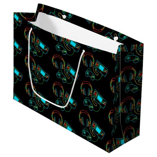 Gamer Retro Neon Pattern Große Geschenktüte (Vorderseite Schrägansicht)