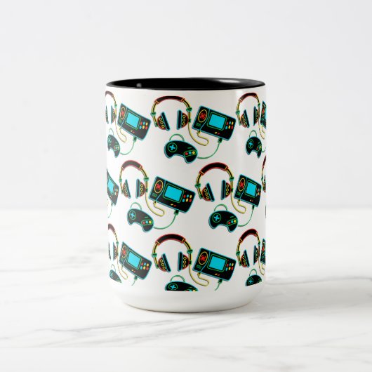 Gamer Retro Neon Pattern Zweifarbige Tasse (Mittel)