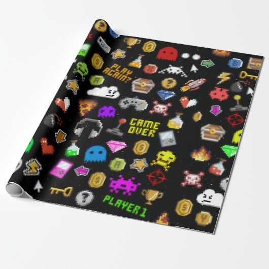 Gamer Retro Pixel Video Gaming Icons Geschenkpapier (Ungerollt)