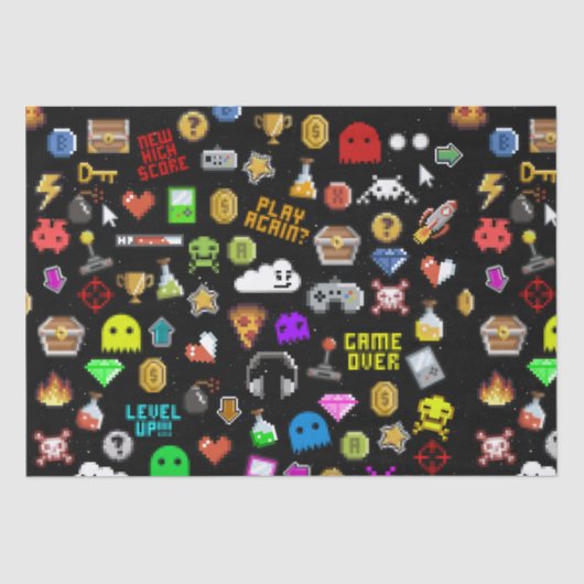 Gamer Retro Pixel Video Gaming Icons Wrapping Pape Seidenpapier (Vorderseite)