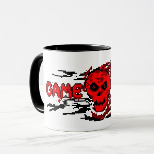 Gamer-Tasse - Retro-8-Bit-Flaming-Skull - GAME OVE Tasse (Vorderseite Links)