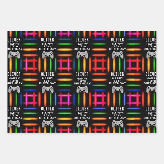 Gamer Video Game Controller Neon Birthday Party Geschenkpapier Set (Vorderseite 3)