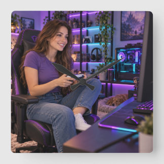 Gamerin lila Gaming-Zimmer Quadratische Wanduhr