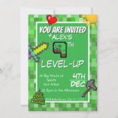 Gamer's Birthday Invitation Green Pixels Einladung (Vorderseite)