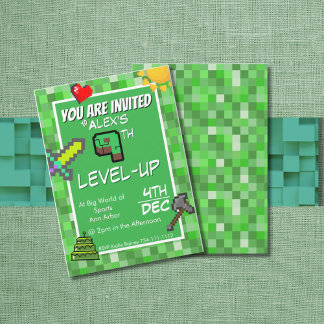 Gamer's Birthday Invitation Green Pixels Einladung