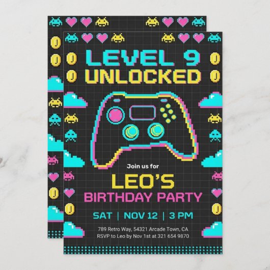 Gaming Birthday Invitation Retro Pixel Gamer Einladung (Vorne/Hinten)
