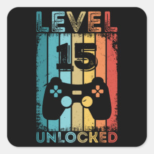 Gaming Level 15 freigeschaltet 15. Geburtstagsgesc Quadratischer Aufkleber