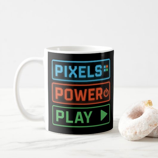 Gaming Mug – Pixels Power Play Neon Coffee Cup Kaffeetasse (Mit Donut)