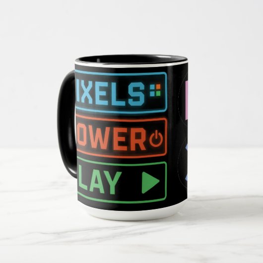 Gaming Mug – Pixels Power Play Neon Coffee Cup Tasse (Vorderseite Links)