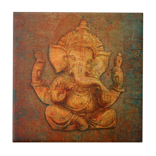 Ganesh auf einem Bedrängnis-Stein-Hintergrund Fliese (Vorderseite)