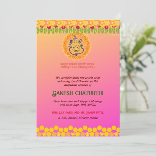 Ganesh Chaturthi Floral Colorful Einladung (Stehend Vorderseite)