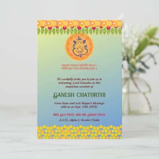 Ganesh Chaturthi Floral Colorful Einladung (Stehend Vorderseite)