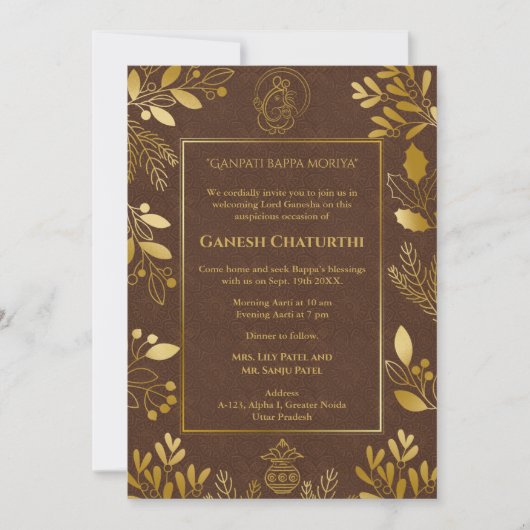 Ganesh Chaturthi Puja Golden Elements Einladung (Vorderseite)