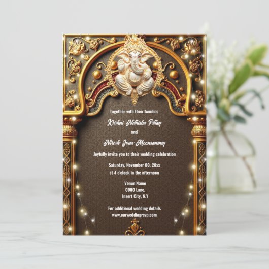 Ganesh gold indische traditionelle Hindu Hindu Lic Einladung (Stehend Vorderseite)