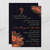 Ganesh Navy Blue Orange Paisley Hindu Hochzeit Einladung (Vorne/Hinten)
