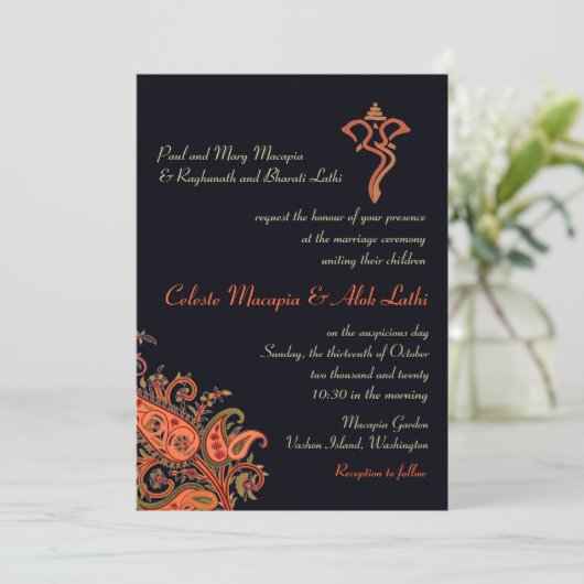 Ganesh Navy Blue Orange Paisley Hindu Wedding Einladung (Stehend Vorderseite)