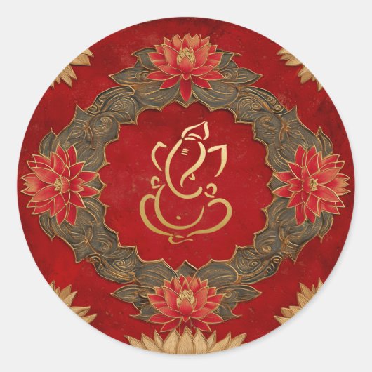 Ganesh Wedding | Indian Wedding Gold Lotus Red Runder Aufkleber (Vorderseite)