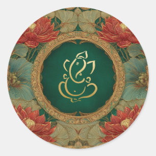 Ganesh Wedding Indian Wedding Pink Lotus Green Runder Aufkleber