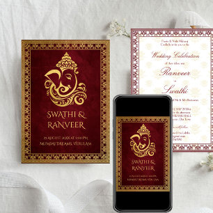 Ganesha bordeaux-rote und goldene indische Hochzei Einladung