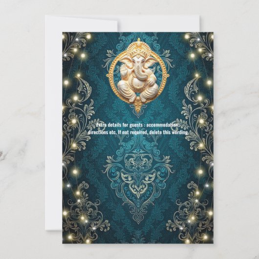 Ganesha Elefant Blauer Gold Hindi Hochzeit Einladung (Rückseite)