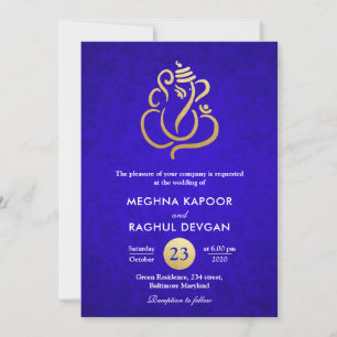Ganesha/Indian Imitats Gold Foil Blue Damask Hochz Einladung