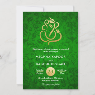 Ganesha/Indian Imitats Gold Foil Green Damask Hoch Einladung