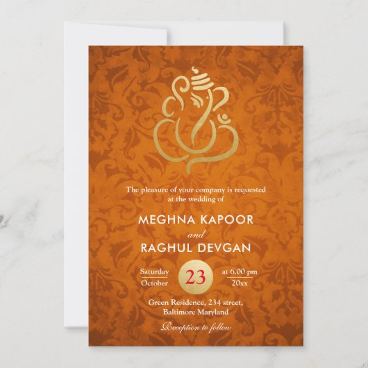 Ganesha/Indian Imitats Gold Foil Orange Damask Einladung (Vorderseite)