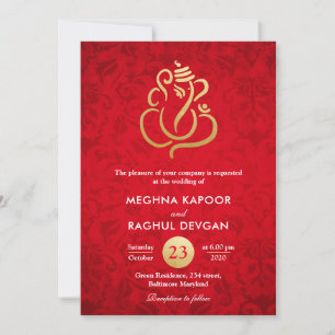 Ganesha/Indian Imitats Goldfoil Red Damask Wedding Einladung