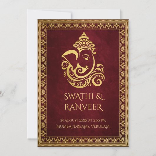 Ganesha Maroon und Goldhochzeit Einladung (Vorderseite)
