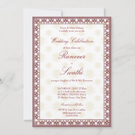 Ganesha Maroon und Goldhochzeit Einladung (Rückseite)