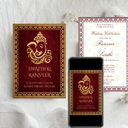 Ganesha Maroon und Goldhochzeit Einladung