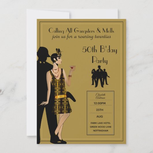 Gangster Moll 1920s Flapper Black Gold 50. Party Einladung (Vorderseite)