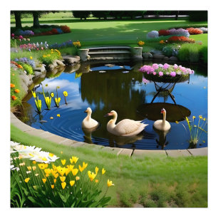 Gänse im Teich mit Blume und Gras Fotodruck